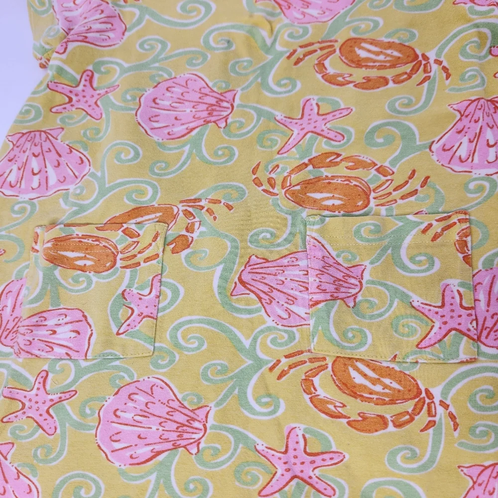 VTG Kids Lilly Pulitizer Dress Shortsleeve Seashell Crab Starfish Yellow Pink